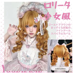 12인치 로리타 스타일 골든 브라운 합성 가발(뱅 포함) 18인치 곱슬 더블 포니테일 여성용 짧은 스트레이트 헤어 코스프레