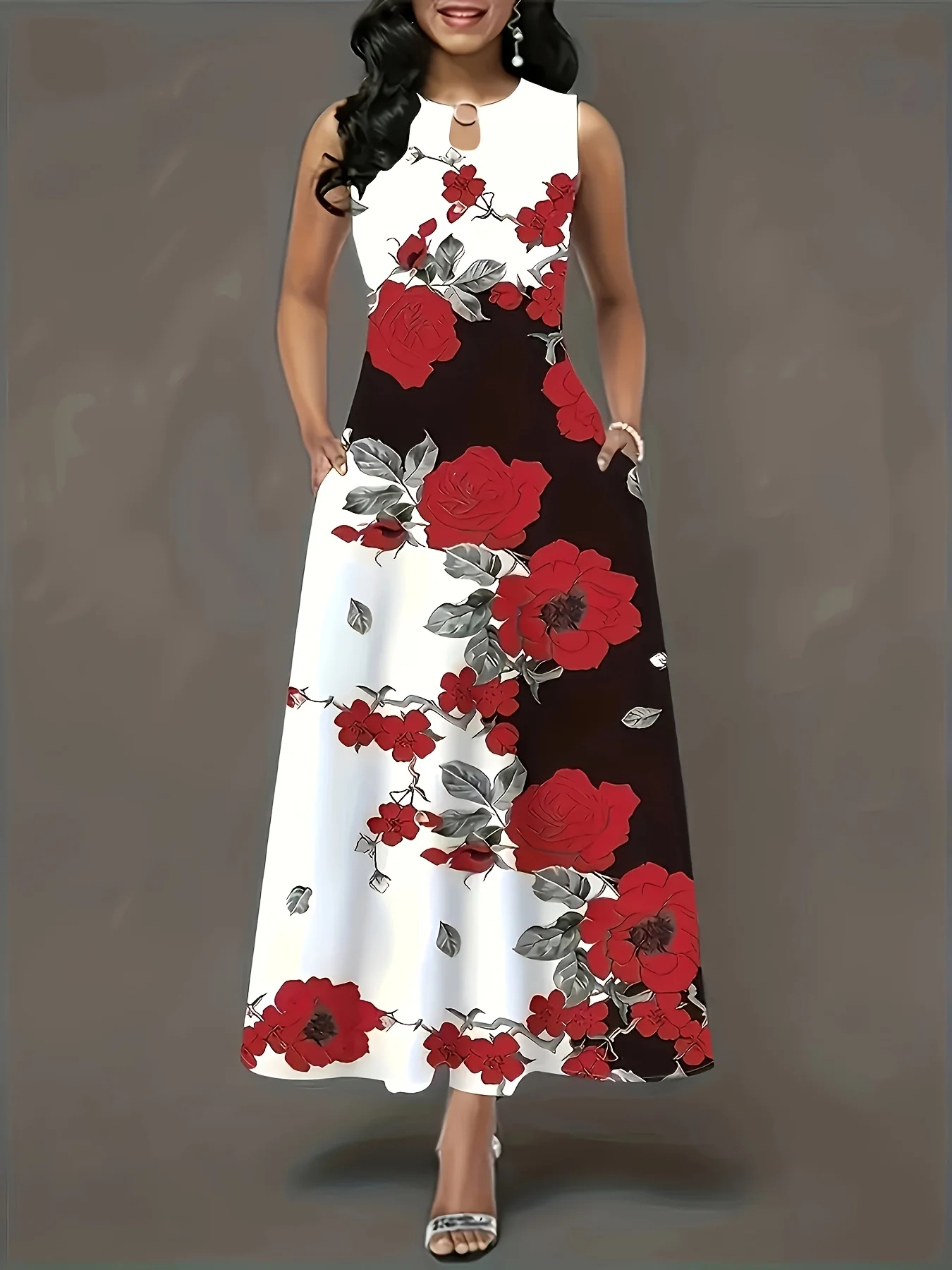 유럽풍 미국풍 프린트 민소매 롱 원피스, 여성용 레트로 롱 원피스 (대형 사이즈)