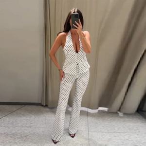 레트로 모던 폴카 도트 세트 홀터 딥 V넥 베스트 탑 플레어 팬츠 여성 파티 타임리스 시크 여성 클래식 스타일리쉬 의상
