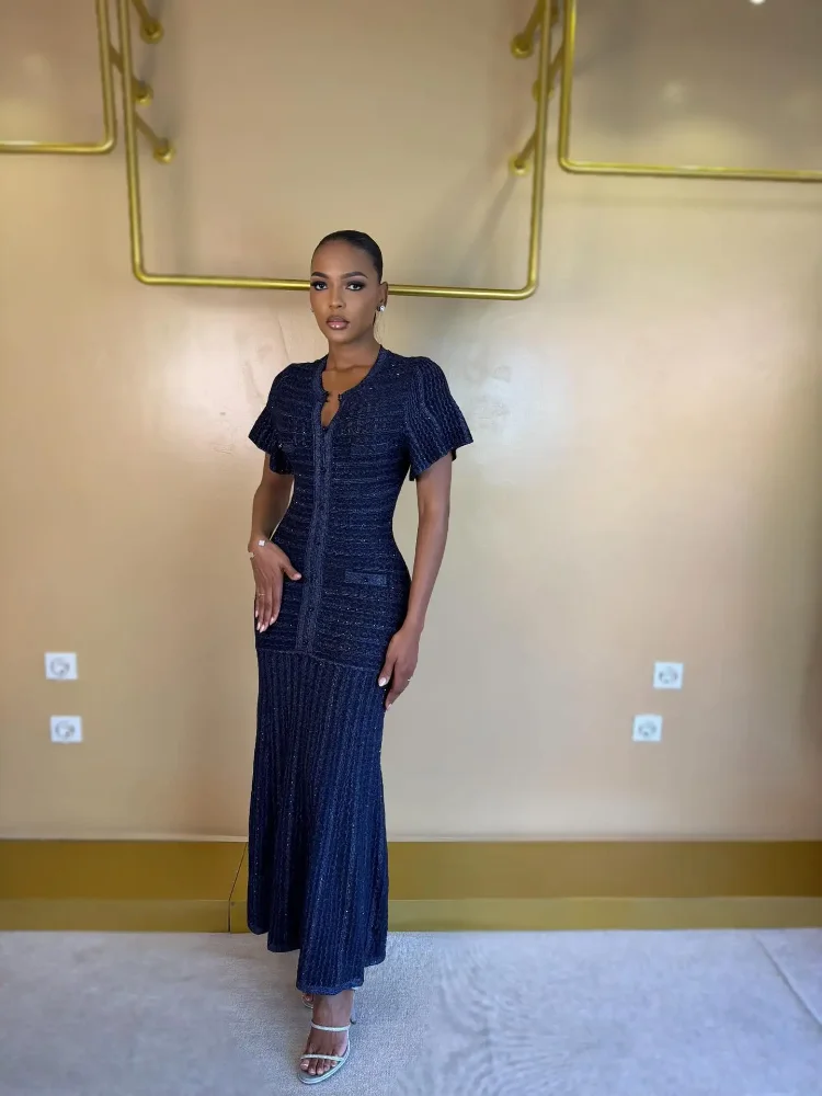 여성용 시퀸 맥시 드레스, 허리 조절 가능, 라운드넥, 반팔 니트 드레스, 2026 신상, 속이 비치는 싱글 브레스티드 미디 로브