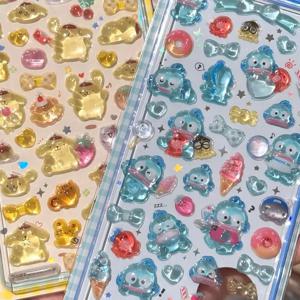 3D Sanrio Hellokitty Kuromi 스티커 Cinnamoroll 귀여운 애니메이션 투명 젤리 크리스탈 장식 DIY 스티커 전화 케이스 어린이 장난감