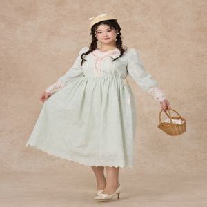 티이하일리 여성 드레스 풀 랜턴 슬리브 롱 맥시 XL-4XL 빈티지 하이 웨이스트 레이스 V넥 그린 레이스업 자수 플러스 사이즈