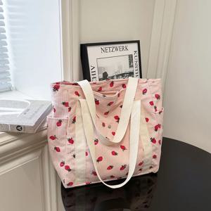 딸기 코듀로이 휴대용 접이식 가방 새로운 대용량 캐주얼 프린트 보관 가방 패션 여행 탑 핸들 가방 도매