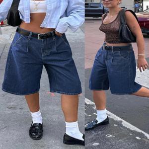 캐주얼 컴포트 와이드 레그 데님 반바지 여성용 솔리드 미니멀리스트 플리츠 슬랜트 포켓 버뮤다 무릎 길이 조츠 여름 맘 반바지
