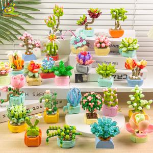 HUIQIBAO MOC 꽃 즙이 많은 화분 모델 빌딩 블록 DIY 영원한 꽃다발 홈 데스크 식물 장식 벽돌 소녀 선물 어린이 장난감