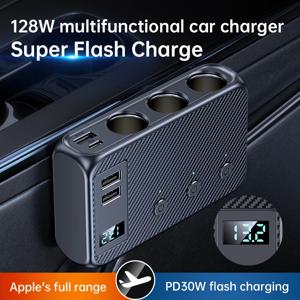 128W 차량용 충전기 어댑터 7 in 1 담배 라이터 분배기 고속 PD30W/QC 3.0 독립 스위치 12V/24V DC 담배 콘센트