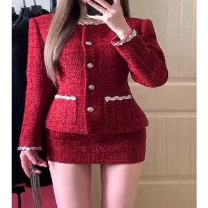 두 조각 세트 여성 레드 트위드 정장 세트 블레이저와 스커트 레이스 디테일과 버튼 세련된 패션 캐주얼 공식 이벤트 세트