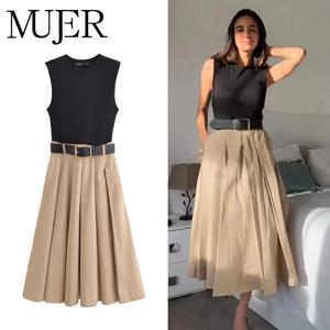 MUJER 2025 여성 드레스 벨트 Pleated 미디 드레스 여성 민소매 여름 드레스 여성 니트 파티 드레스 여성 Sundress