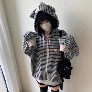 만화 자수 여성 후드 일본 달콤한 귀여운 고양이 귀 줄무늬 후드 티셔츠 하라주쿠 streetwear 루즈 캐주얼 코트