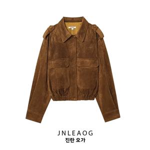 JNLEAOG 가을 신상 여성 레트로 스웨이드 워크웨어 자켓 아우터 폴리에스터 스탠다드 핏 지퍼 클로저 여성 코트