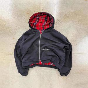 새로운 가을 겨울 미국 레트로 레터 자수 고스 후드티 체크무늬 앞뒤 풀오버 지퍼 가디건 스웨트셔츠 y2k