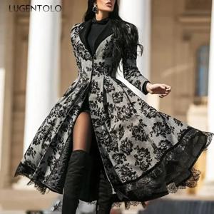 여성 빈티지 파티 트렌치 긴 소매 가을 접합 레이스 버튼 코트 여성 캐주얼 빅 스윙 패션 자켓
