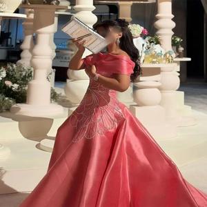 오프숄더 보트넥 비딩 A라인 새틴 프롬 가운, 여성용 고급 파티 드레스 맞춤 제작