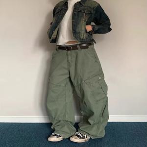 아메리칸 레트로 플리츠 와이드 레그 워크 팬츠 남성 여성 루즈 스트레이트 슬리밍 버전 캐주얼 청바지 코튼 소재 올 시즌