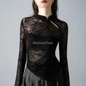 2026 섹시한 얇은 거즈 레트로 속이 비치는 블라우스 가을 신상 불규칙 트렌디 디자인 중국풍 치파오 탑 프린팅 긴팔 셔츠