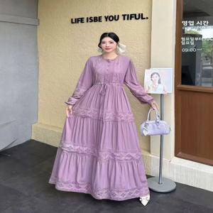 레트로 레이디라이크 연보라색 레이스 스플라이싱 긴팔 여성 드레스 슬리밍 허리 디자인 우아한 롱 드레스