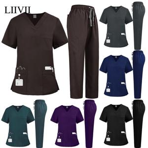 솔리드 컬러 V넥 작업복 세트 남녀 유니폼 애완동물 미용복 병원 의사 간호사 스크럽 세트 의료 수술복