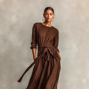 우아한 브라운 롱 슬리브 라운드넥 우븐 미디 드레스 여성 캐주얼 오피스 가을 의류 2026