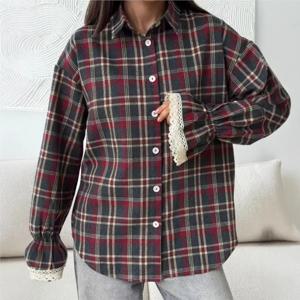 Camisa Mujer 라펠 체크 무늬 프린트 싱글 브레스트 레트로 루즈 중간 길이 셔츠 스트리트 여성 통근 올 매치 긴팔 셔츠