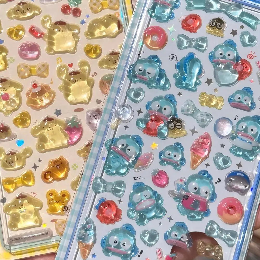 3D Sanrio Hellokitty Kuromi 스티커 Cinnamoroll 귀여운 애니메이션 투명 젤리 크리스탈 장식 DIY 스티커 전화 케이스 어린이 장난감