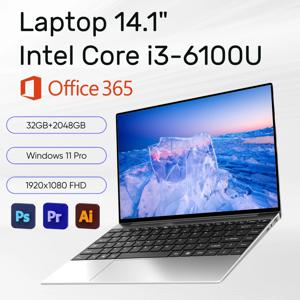새로운 초슬림 14.1인치 노트북 인텔 코어 I3-6100U 32GB 램 2TB SSD 1920*1080 FHD 디스플레이 윈도우 11 프로 오피스 학습용 컴퓨터
