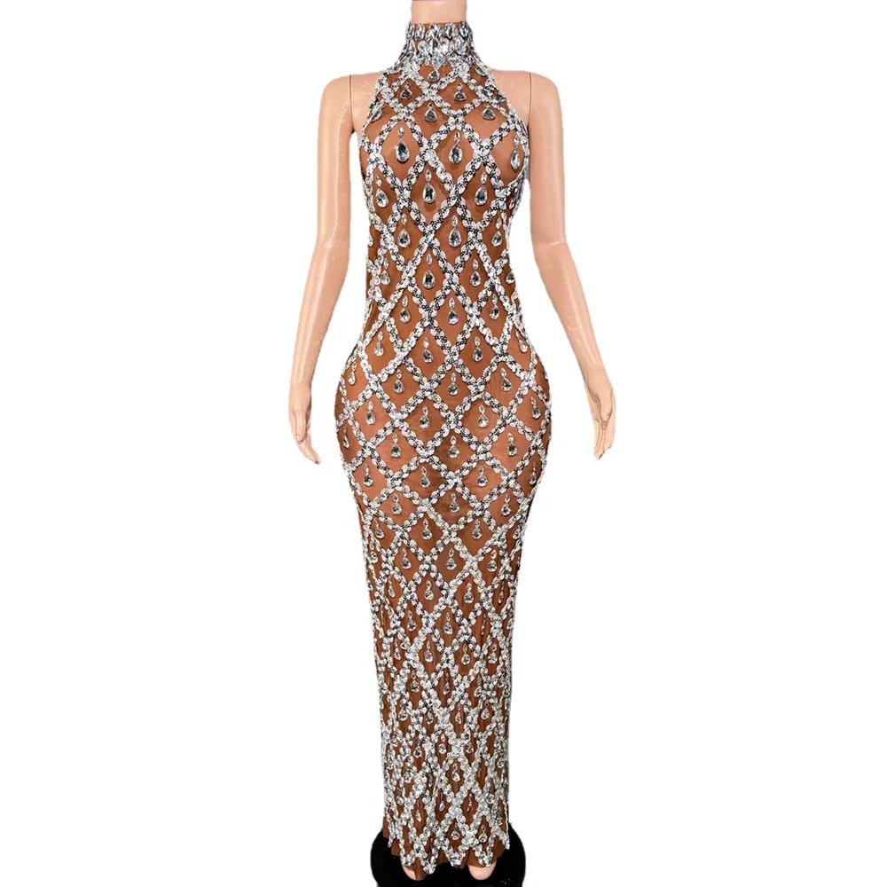 반짝이는 라인스톤 슬리브리스 롱 드레스 여성용 우아한 메쉬 기념 이브닝 웨딩 프롬 생일 드레스 사진 촬영 의상