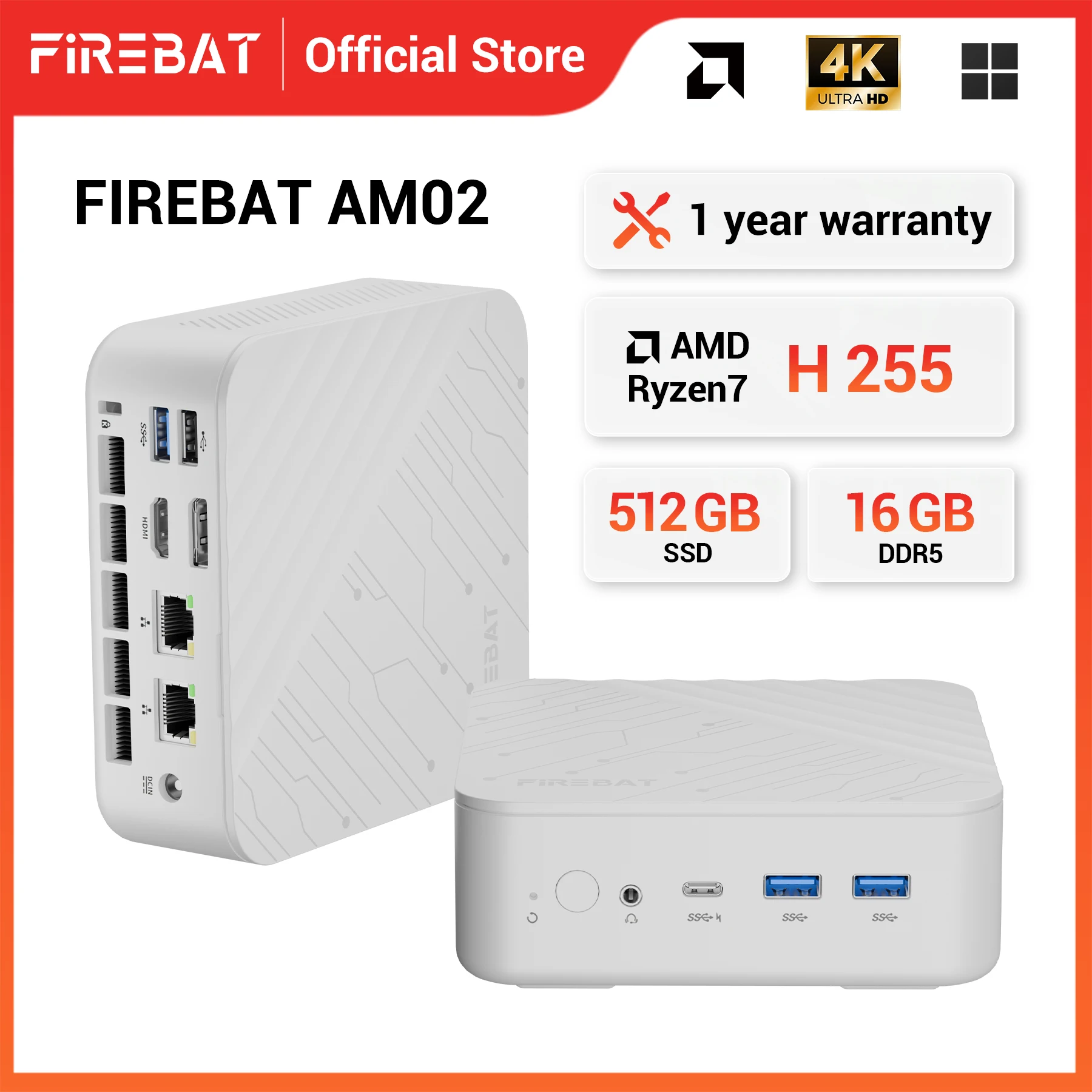FIREBAT AM02 미니 PC AMD Ryzen 7 H255 DDR5 16GB RAM M.2 PCIe 512GB SSD WiFi6 BT5.2 1000M LAN 휴대용 Windows11 데스크탑 컴퓨터