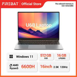 FIREBAT U6B 16인치 노트북 AMD Ryzen5 6600H LPDDR5 16GB RAM M.2 512GB SSD WiFi6 BT5.2 16인치 2.5K 120Hz 화면 Windows11 컴퓨터