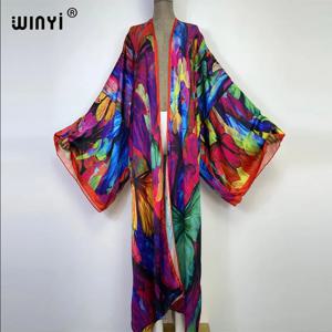 WINYI 캣워크 기모노 여성 프린트 버블 헴 코트 긴 소매 가디건 아바야 두바이 럭셔리 비치웨어 커버업 보헤미안 드레스 카프탄