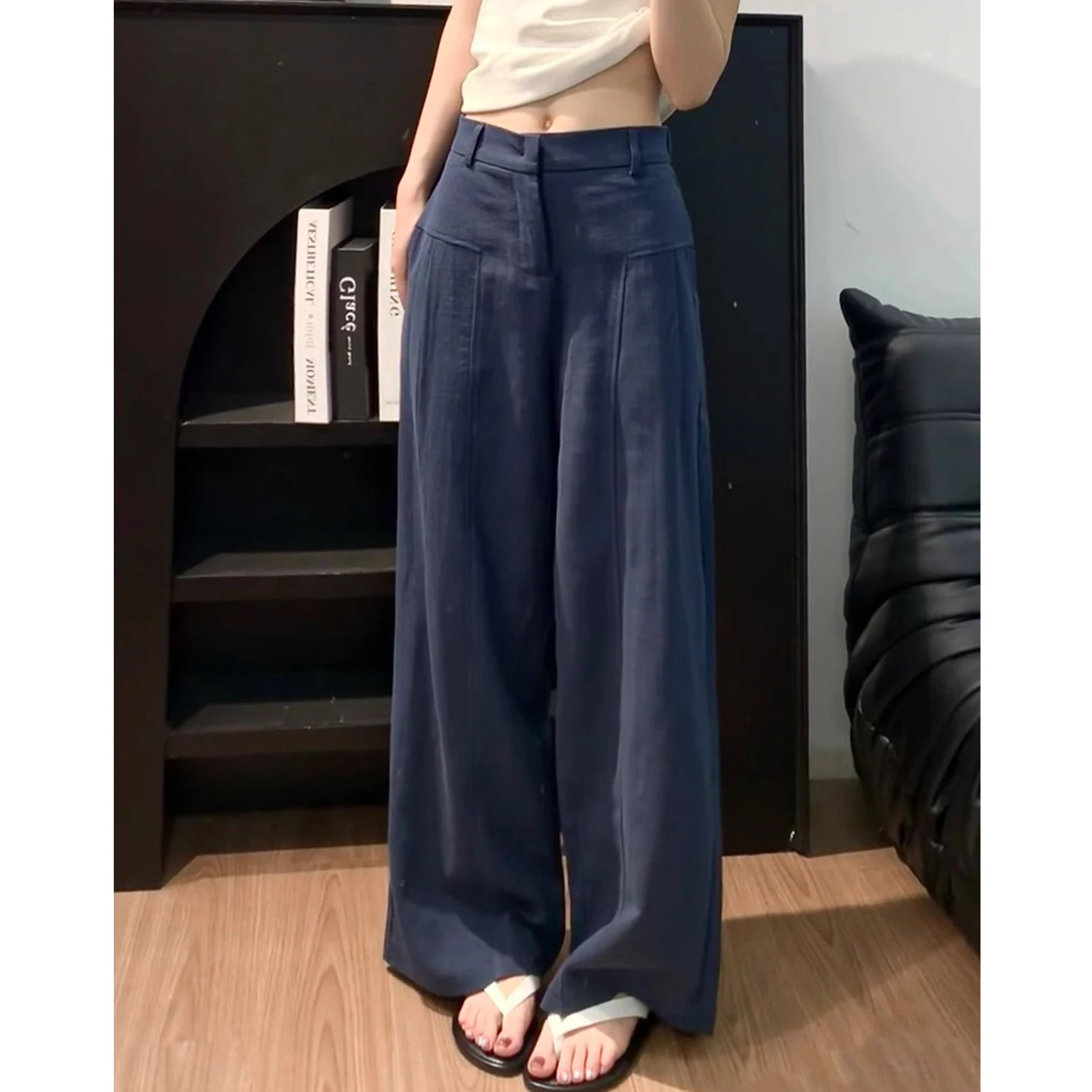 루즈한 와이드 레그 팬츠 여성용 한국 스타일 스트레이트 컷 캐주얼 바지 봄 여름 신상품 하이 웨이스트 폴리에스테르 섬유