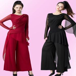 현대 무용 복장 세트 긴 소매 스커트 바지 스퀘어 댄스 투피스 슈트 피트니스 요가 운동복 여성 유니폼