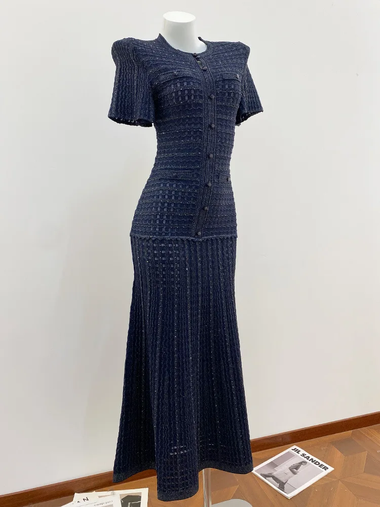 여성용 속이 비치는 니트 맥시 드레스, 반짝이는 실로 허리를 강조한 롱 로브, 고급스럽고 우아한 라운드넥 반팔 프롬 가운