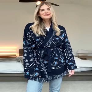 우아한 프린트 태슬 가디건 여성 벨트 V넥 긴팔 루즈 니트 스웨터 여성 2025 가을 겨울 시크 니트웨어 여성용