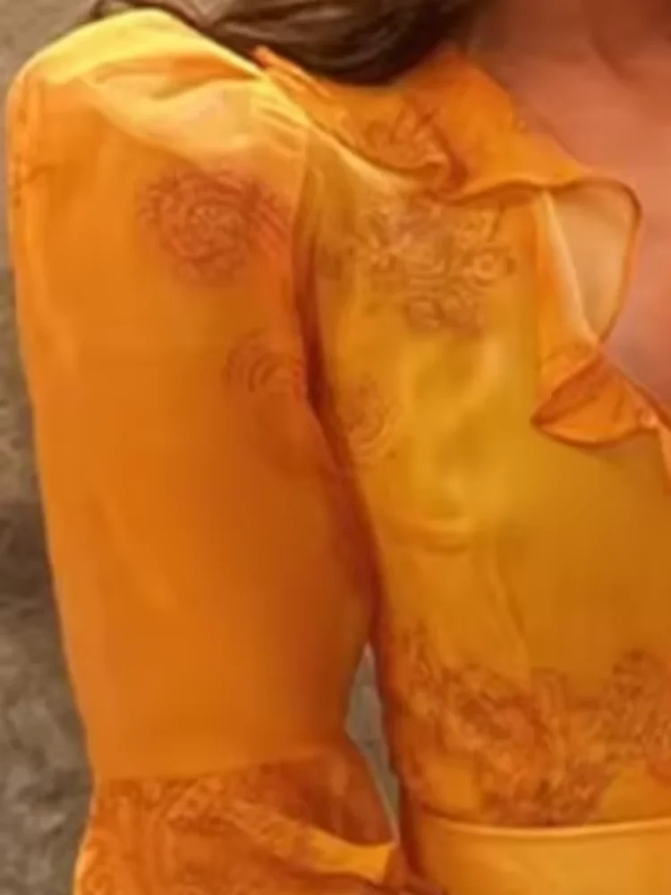 딥 V넥 러플 허리 조절 오렌지 시폰 스탬프 슬릿 피쉬테일 롱 스커트 여름 여성 드레스 시크 휴가룩 여성 의류