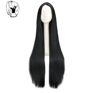 QQXCAIW 긴 합성 내열성 블랙 가발, 할로윈 카니발 코스튬 코스프레 스트레이트 헤어, 100cm, 40 인치