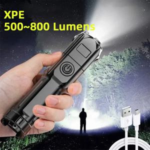 텔레스코픽 줌 기능이 있는 USB 충전 소형 LED 손전등 강력한 조명 휴대용 집중형 장거리 가정용 비상등