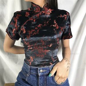 패션 중국 스타일 여성 빈티지 만다린 칼라 치파오 탑 반팔 셔츠 플러스 사이즈 3XL4XL 블라우스 탕복