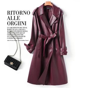 클래식 더블 브레스티드 여성용 와인 레드 레이스업 벨트 양가죽 트렌치코트 시크 여성용 라펠 롱 스플릿 가죽 트렌치 아우터웨어