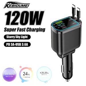 KEBIDUMEI M4 리트랙터블 차량용 충전기 5-IN-1 고속 충전 케이블 스타 라이트 USB PD 포트 타입-C 전원 어댑터 휴대폰 충전기