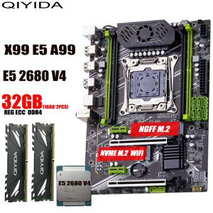 QIYIDA X99 마더보드 세트 키트 LGA2011-3 제온 E5 2680 V4 2*16GB=32GB 3200MHz 4채널 DDR4 SATA 3.0 nvme M.2 SATA M.2ATX