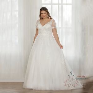 맞춤형 웨딩 드레스 플러스 사이즈 v 넥 반팔 신부 가운 레이스 아플리케 a 라인 Tulle Sweep Train Robe De Mariée