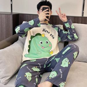공룡 귀여운 코튼 남성 잠옷 세트 봄 긴 소매 Nightwear 남성 Homewear 어린 소년 Pijamas 캐주얼 Loungewear hombre