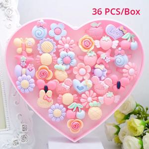 36PC 아이 귀여운 반지 수지 만화 보석 꽃 모양 조정 가능한 반지 세트 창조적 인 액세서리 소녀 선물