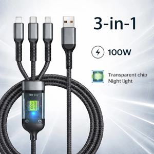 마이크로 USB 데이터 코드 휴대폰 충전기 고속 충전 케이블, 아이폰 삼성 샤오미 화웨이용, 3 인 1, 100W USB A 케이블