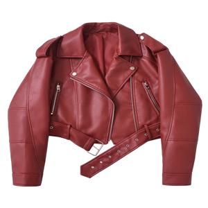 Ailegogo 새로운 streetwear 여성 느슨한 짧은 pu 가짜 가죽 자켓 모토 바이커 여성 벨트 지퍼 코트 아웃웨어