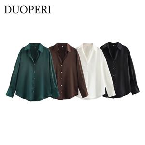 DUOPERI 여성 패션 새틴 브라운 블라우스 옷깃 넥 긴 소매 빈티지 여성 세련된 레이디 셔츠