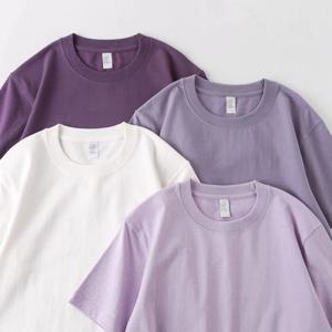 남성 및 여성 티셔츠 300G 헤비 그레이 퍼플 라운드 넥 반팔 티셔츠 여성 기본 퓨어 코튼 심플