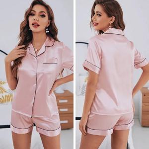 여름 Pijamas 세트 여성 잠옷 실크 새틴 버튼 다운 반소매 탑과 반바지 투피스 Loungewear