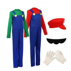 어린이 게임 점프수트 코스프레 의상 (모자, 장갑, 수염 포함) 애니메이션 브라더스 역할놀이 남아 여아 파티 재미있는 의상