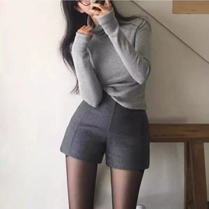 그레이 울 미니 반바지 여성용 겨울 슬림핏 하이웨이스트 부츠컷 3/4 길이 바지 한국 스타일 바디콘 바지